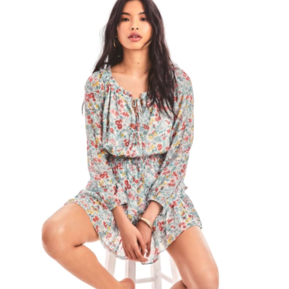 Nwot Loveshackfancy Mini Dress Womens Xl Pink Blue Floral Long Sleeve Tiered New